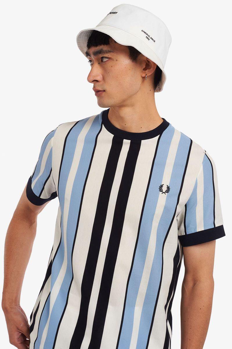 White Fred Perry Vertical Stripe Piqué Men's T Shirts | PH 1797MQZA